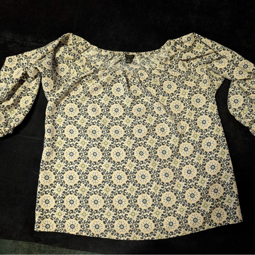 Ann Taylor Factory Cream Blouse with Navy Medallion Print
